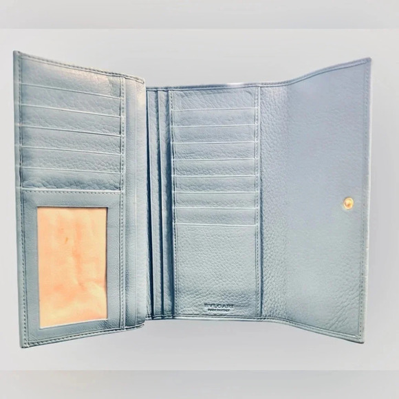 Rare Bvlgari Double Logo Blue Leather Flap Trifold Long Wallet - Picture 5 of 15